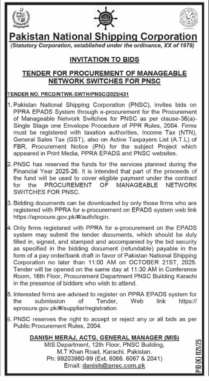 Pakistan National Shipping Corporation Tender Notice